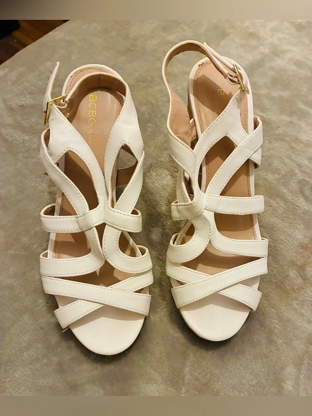 BCBGeneration Cream Strappy Cutout Wedge Sandals